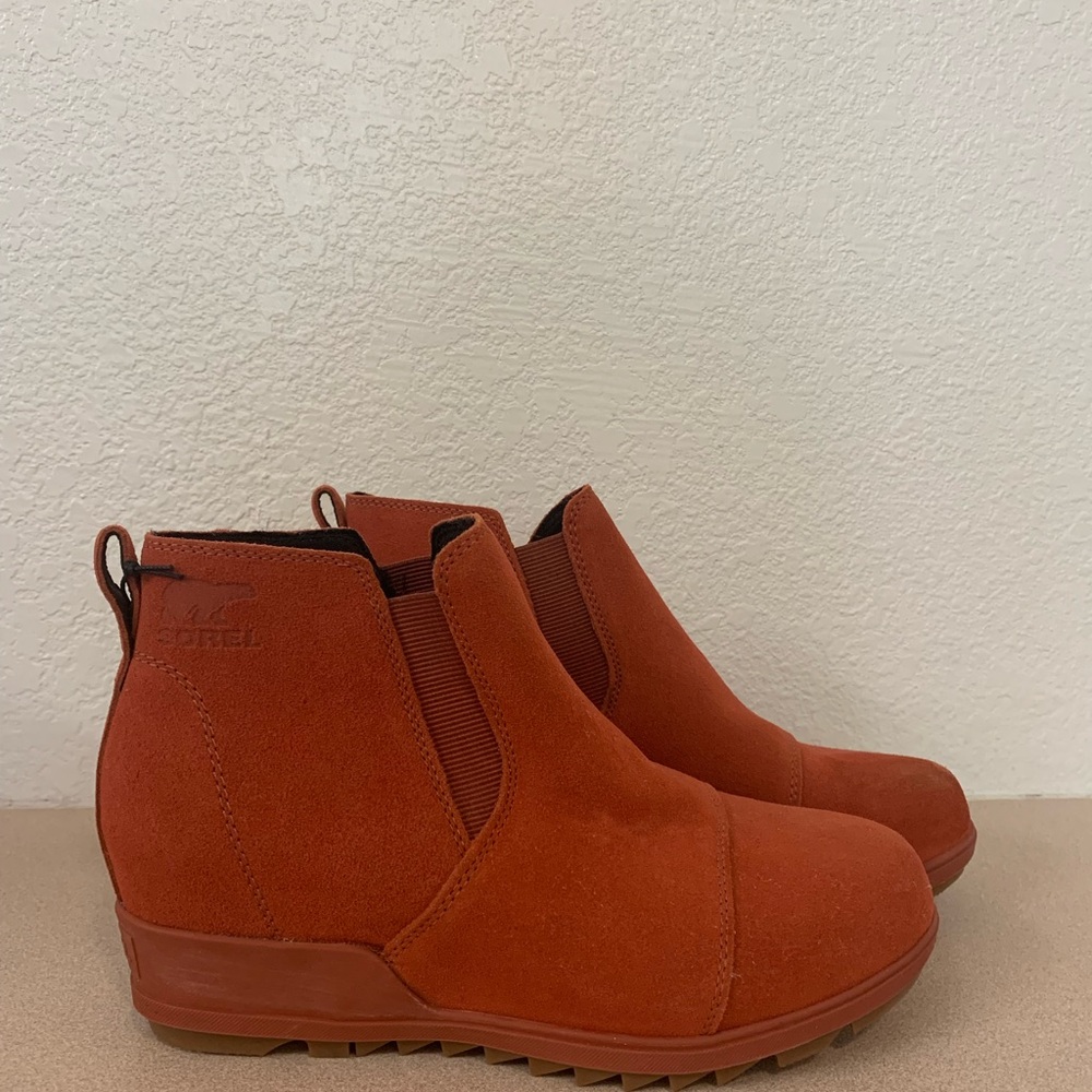 Sorel Orange Ankle Booties with Suede Texture